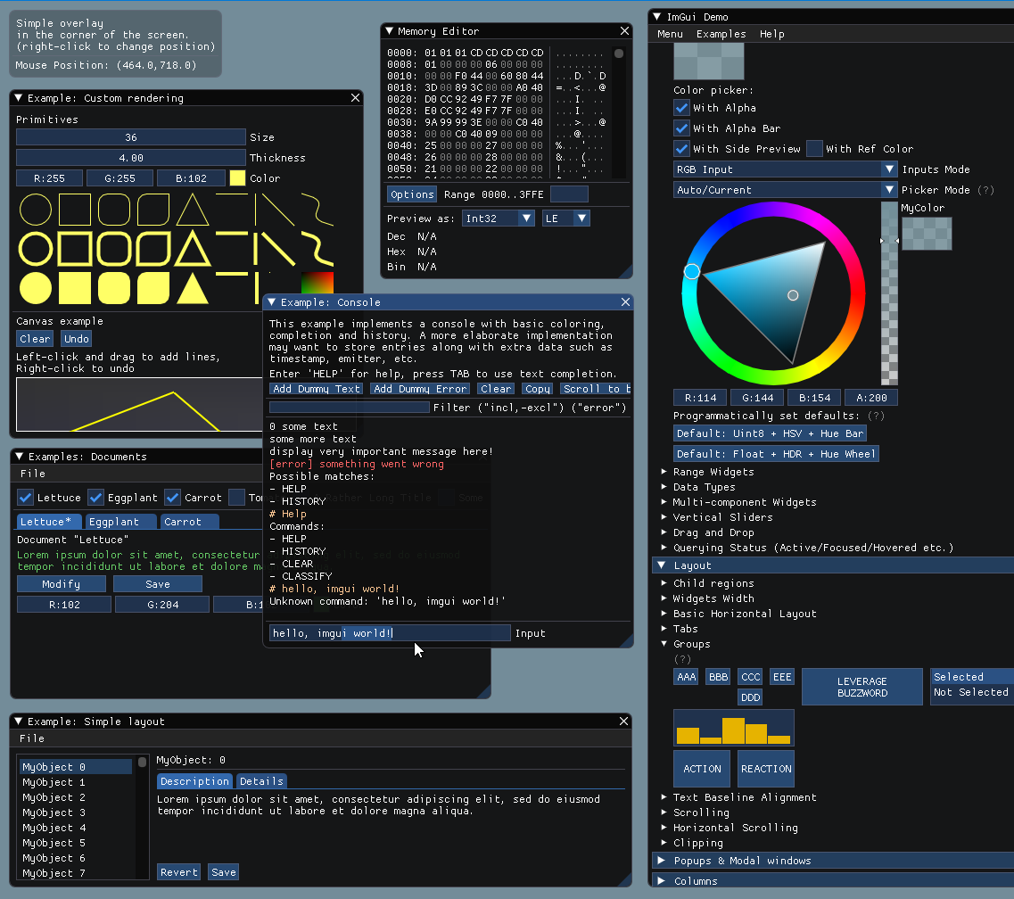 capture d'écran de la démostration de la librairie ImGui